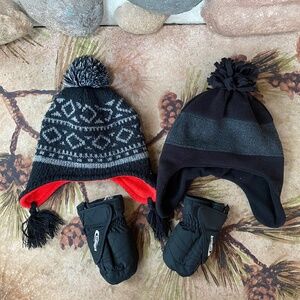 Hot Fingers Zip Mittens Toddler Size 3-4 Years Old ~ PLUS 2 cozy Fleece Hats